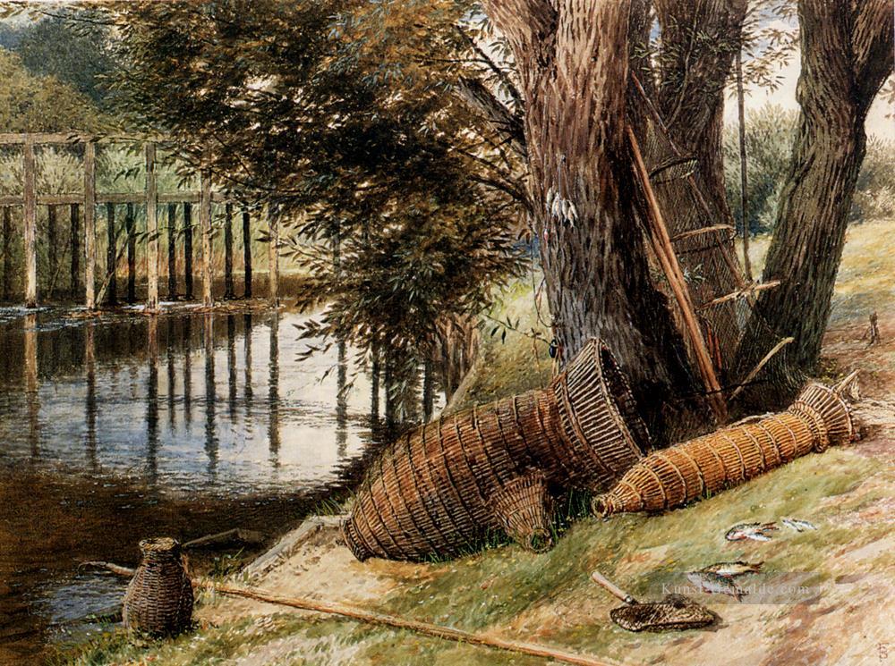 Eel Pots am Ufer eines Flusses Szenerie viktorianisch Myles Birket Foster Ölgemälde